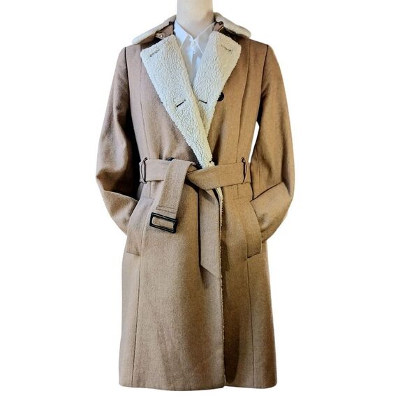 TOMMY HILFIGER Wool Peacoat Midi Sherpa Collar Belted Fully Lined Camel Size S - Picture 2 of 13